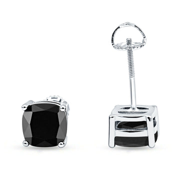 Solitaire Screw Back Stud Earring Excellent Cushion Cut Simulated Black CZ Solid 925 Sterling Silver